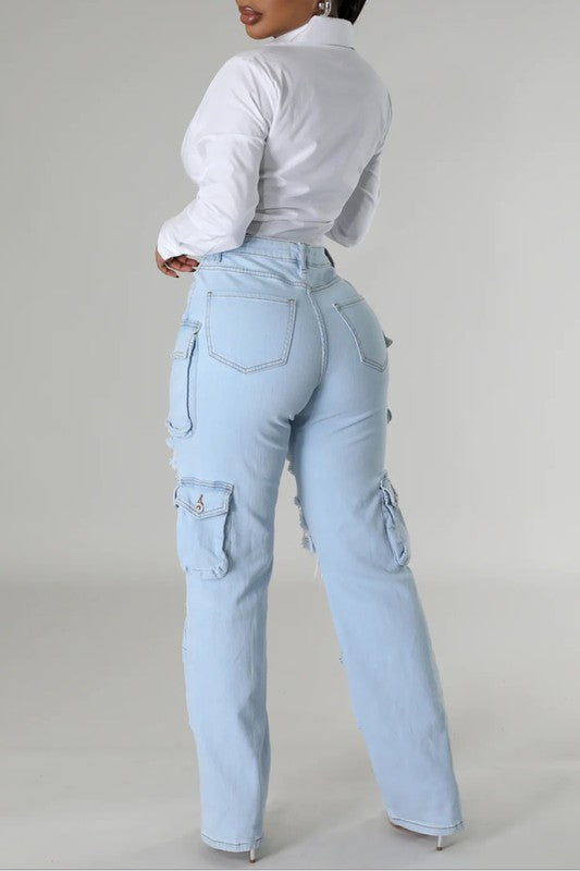 High Rise Multi Pockets Distressed Cargo Jeans