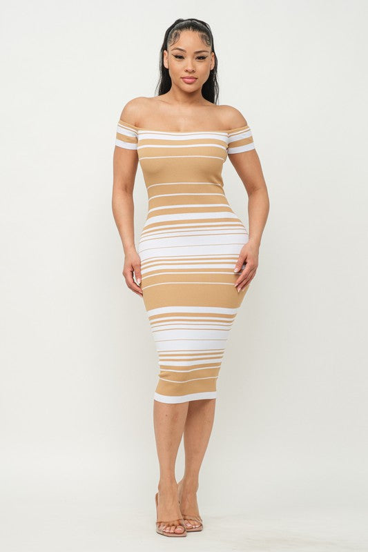 Women's Stripe Off the Shoulder Midi Dress