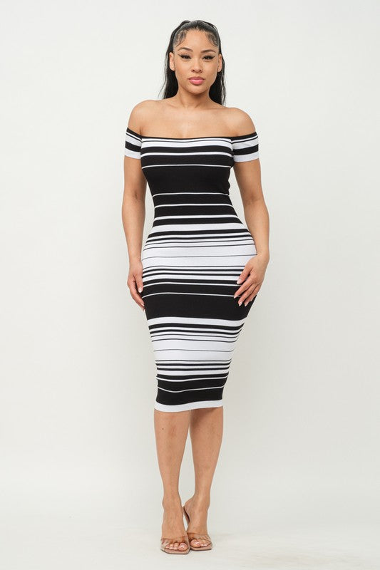 Women's Stripe Off the Shoulder Midi Dress