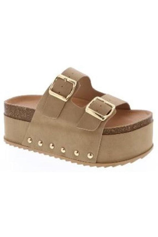 Platform Cork Footbed Double Buckle Slides