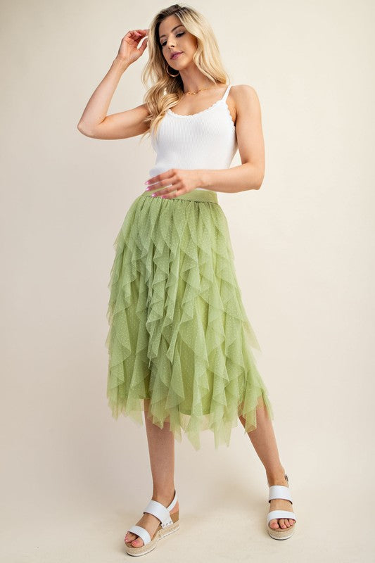 Solid Color Embellished Tulle Layer Midi Skirts