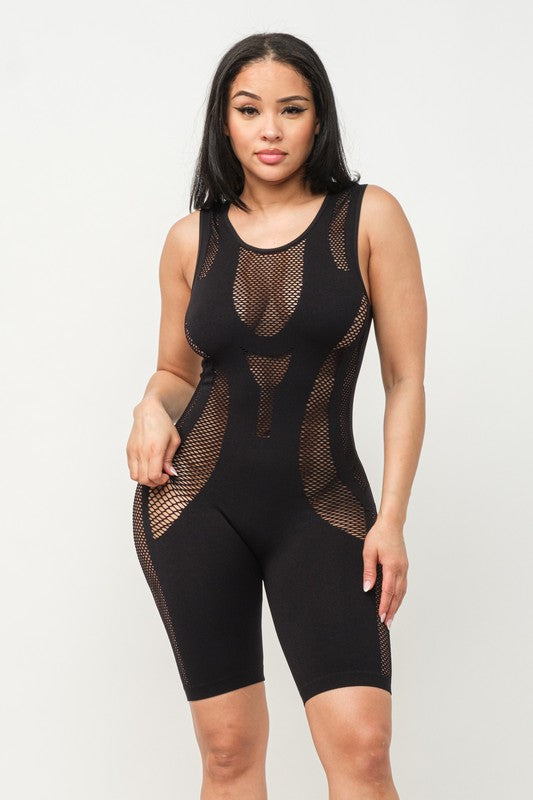 Seamless Scoop Neck All Over Fishnet Detail Romper