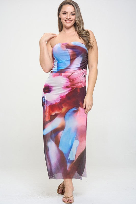 Junior Plus Tube Multi Print Mesh Ruched Maxi Dress