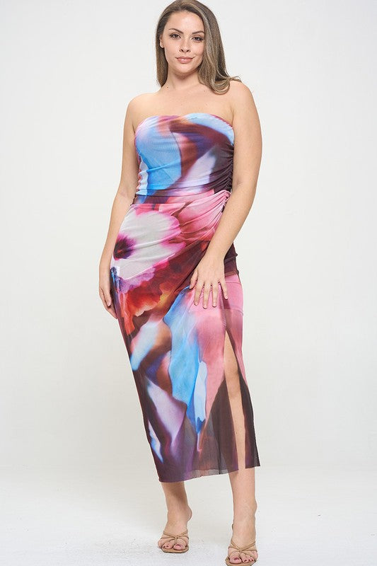 Junior Plus Tube Multi Print Mesh Ruched Maxi Dress