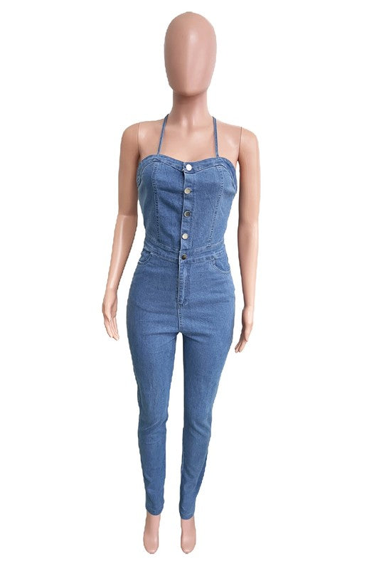 Women’s Sexy Denim Open Back Jumpsuit