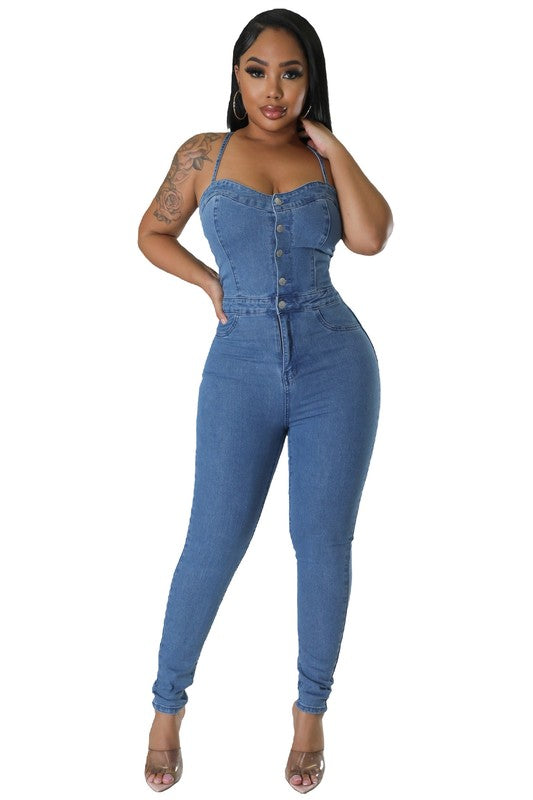 Women’s Sexy Denim Open Back Jumpsuit