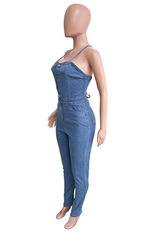 Women’s Sexy Denim Open Back Jumpsuit