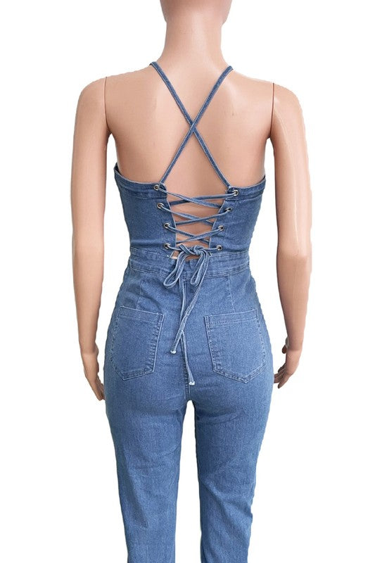 Women’s Sexy Denim Open Back Jumpsuit