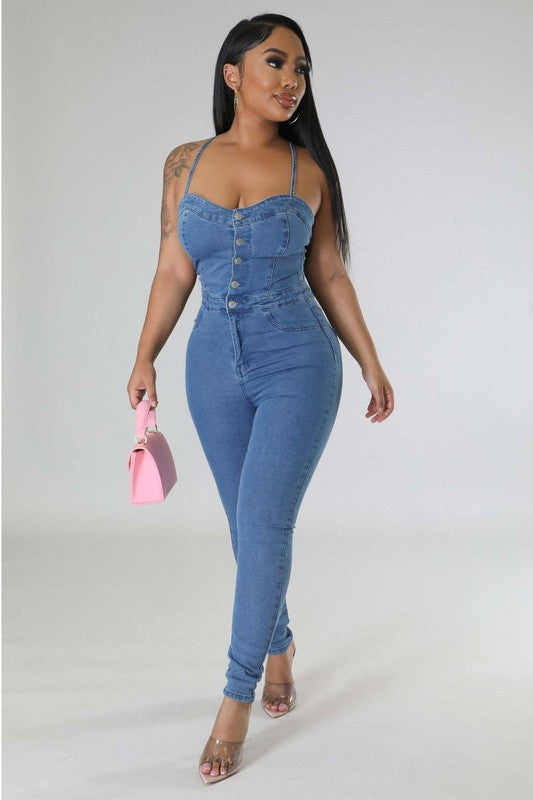 Women’s Sexy Denim Open Back Jumpsuit