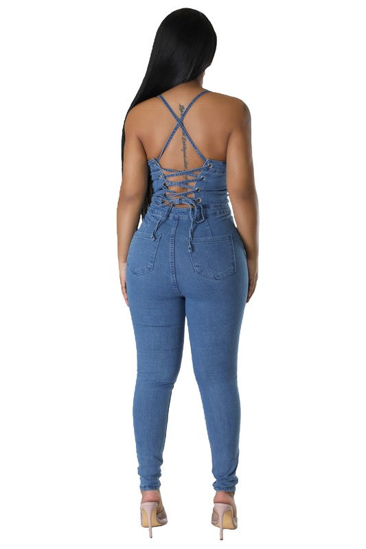 Women’s Sexy Denim Open Back Jumpsuit