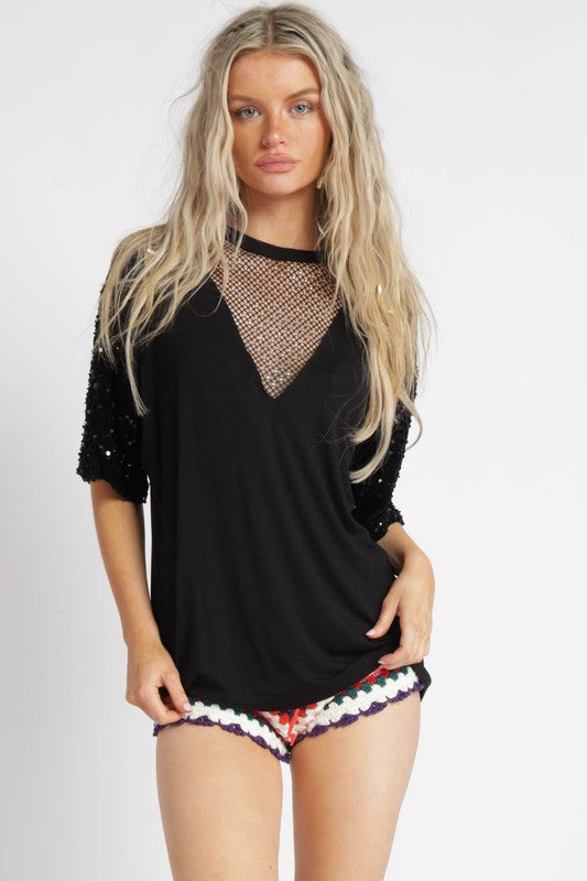 Sequin Sleeves with Jewel Front Top