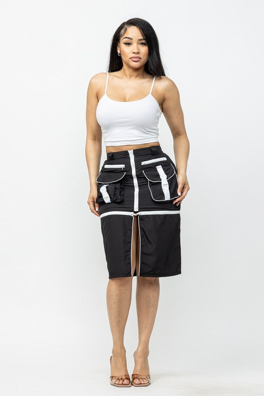 Front Zipper Side Pockets Midi Cargo Skirt