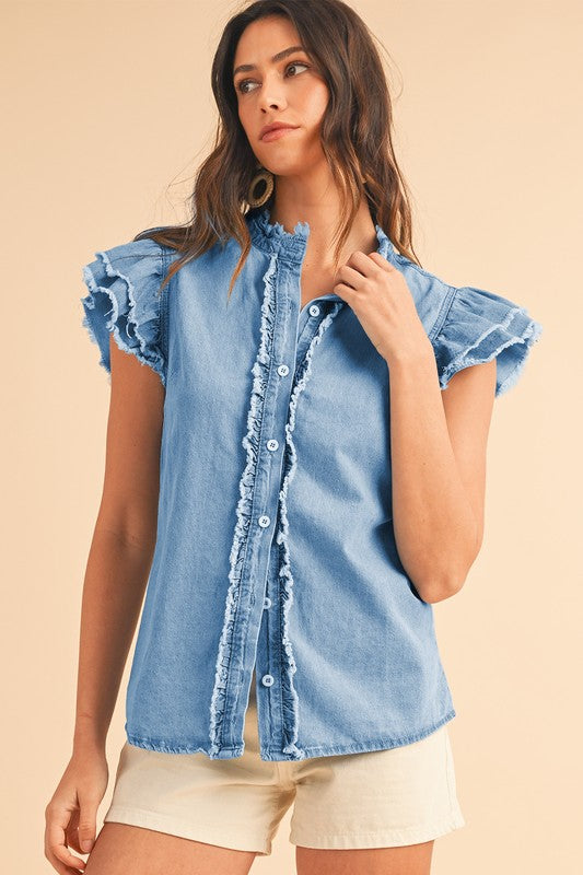 Button Front Ruffled Flutter Frayed Denim Top