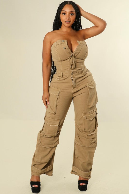Tube Top Washed Denim Button Up Cargo Jumpsuit