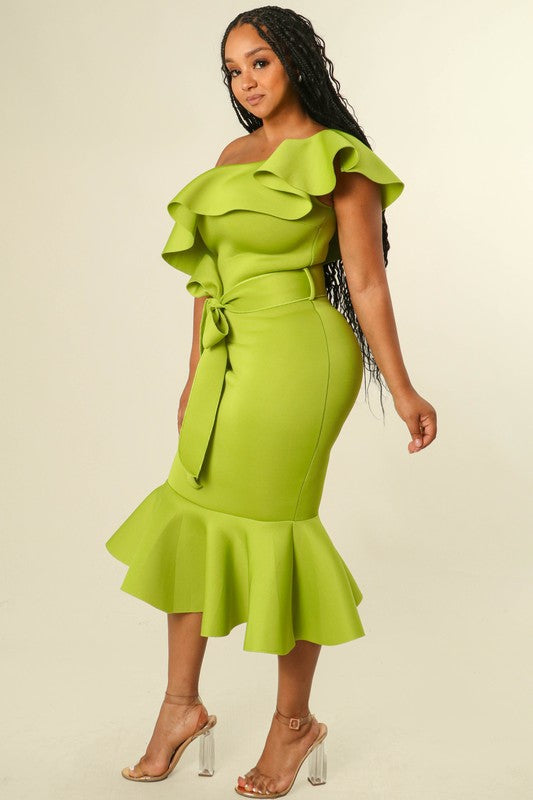 Women's One Shoulder Ruffle Scuba Midi Dress