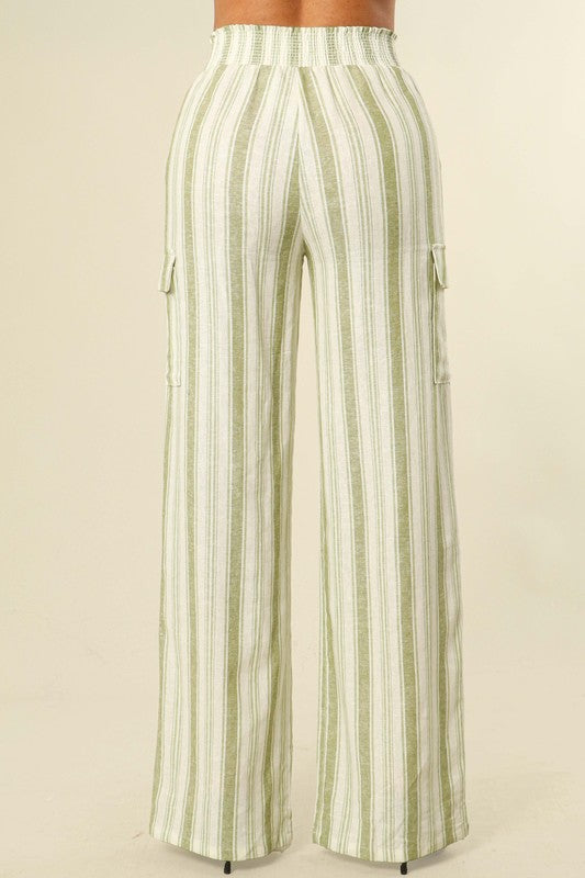 Stripe Pattern Linen Straight Cargo Pants