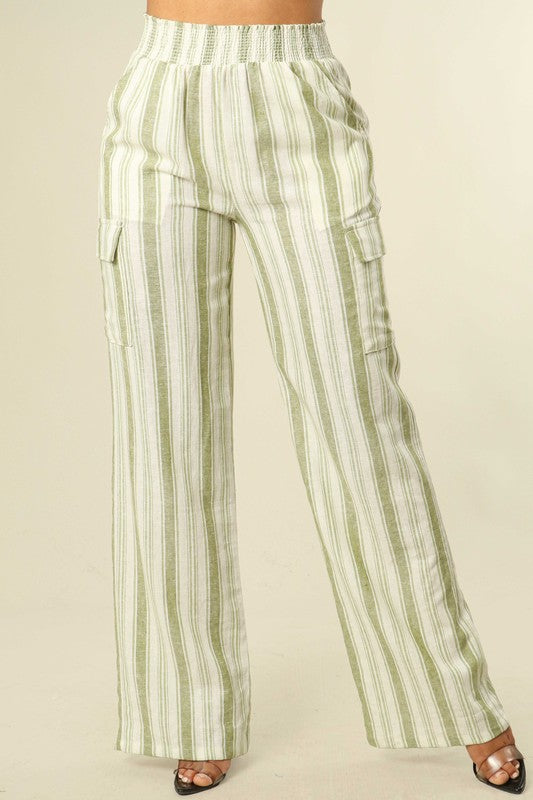 Stripe Pattern Linen Straight Cargo Pants