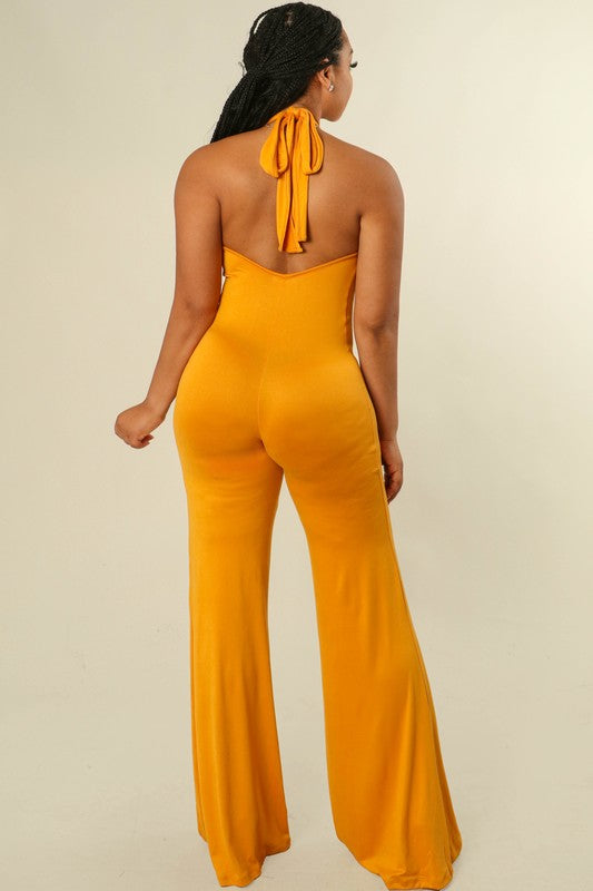 Women's Solid Color Halter Neck Wide Leg Jumpsuit