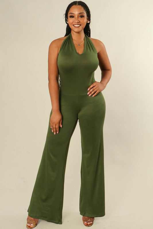 Women's Solid Color Halter Neck Wide Leg Jumpsuit