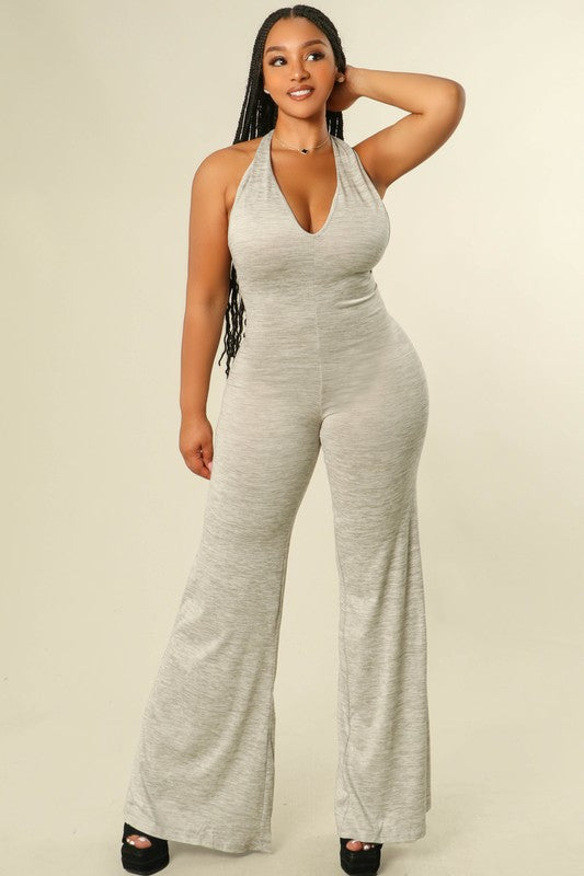 Women's Solid Color Halter Neck Wide Leg Jumpsuit