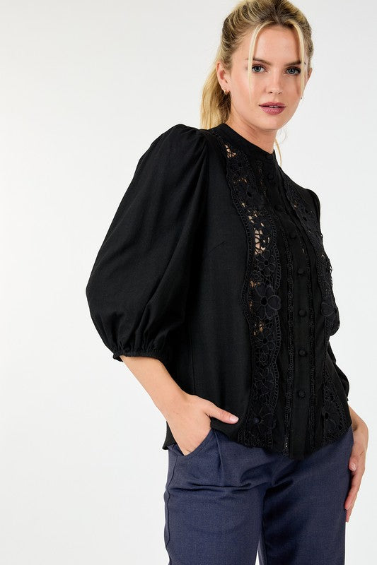 Women's 3/4 Lace Crochet Button Down Blouse