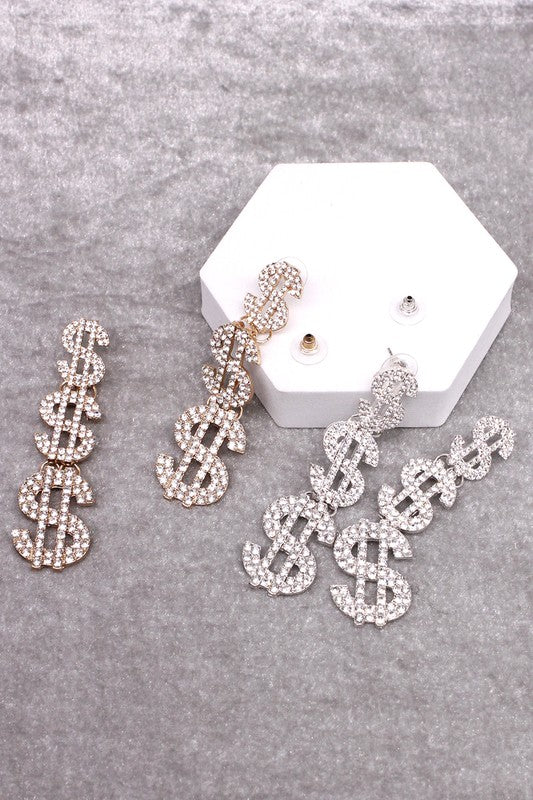 RHINESTONE MONEY SIGN DROP EARRINGS