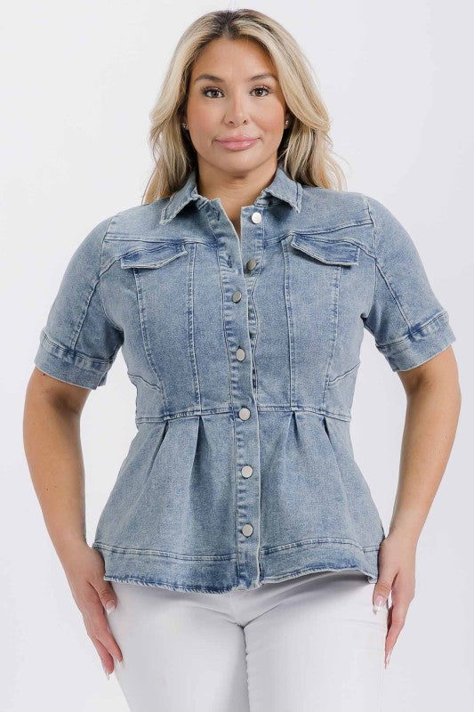 Plus Size Denim Collared Button Down Peplum Shirt