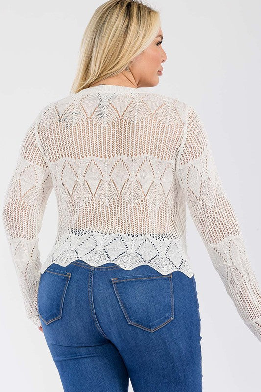 Junior Plus Long Sleeve Crochet Lace Top