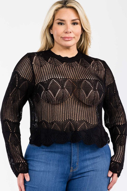 Junior Plus Long Sleeve Crochet Lace Top