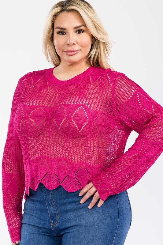 Junior Plus Long Sleeve Crochet Lace Top