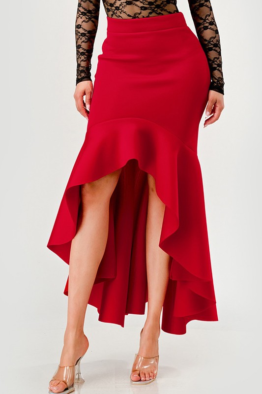 Ruffle Trim Asymmetrical Hem Mermaid Midi Skirt