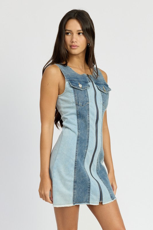 COLOR BLOCK DENIM MINI DRESS