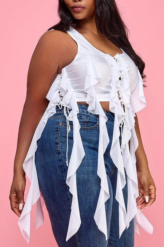 Plus Size Lace-Up Fringe Crop Top