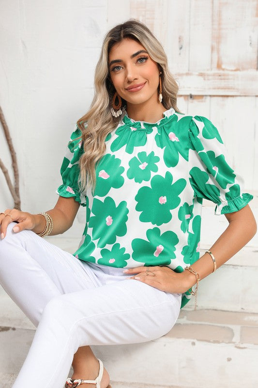 Floral Puff Sleeve Frill Neckline Blouse