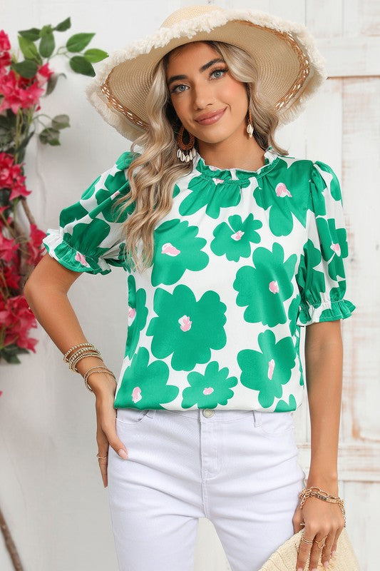 Floral Puff Sleeve Frill Neckline Blouse