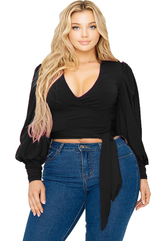 Plus Size Solid Bishop Sleeve Tie Waist Crop Top