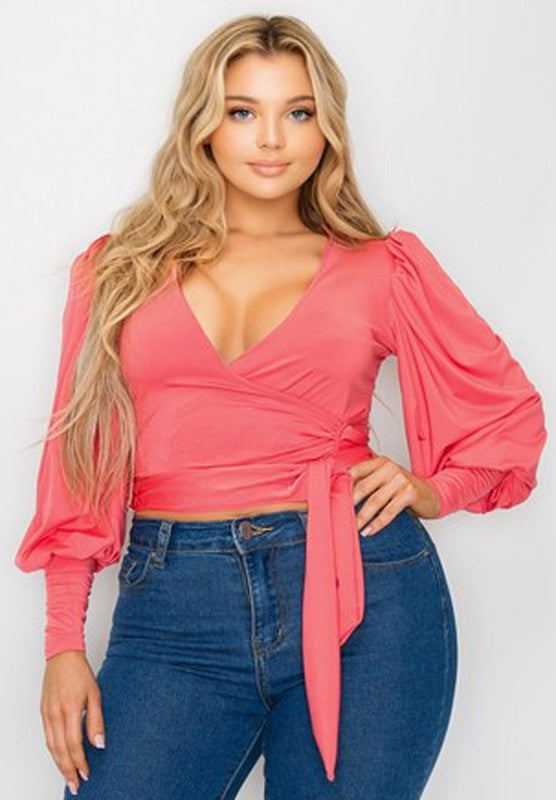 Plus Size Solid Bishop Sleeve Tie Waist Crop Top