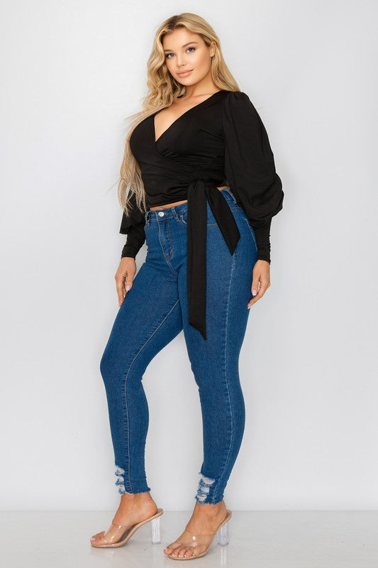 Plus Size Solid Bishop Sleeve Tie Waist Crop Top