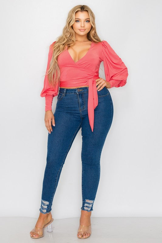 Plus Size Solid Bishop Sleeve Tie Waist Crop Top