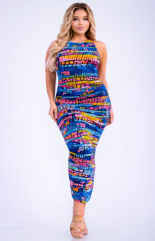 Plus Size Sleeveless Mix Print Maxi Bodycon Dress