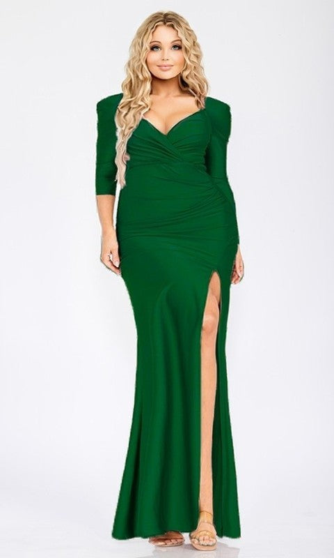 Plus Size Solid Satin 3/4 Puff Sleeve Maxi Dress