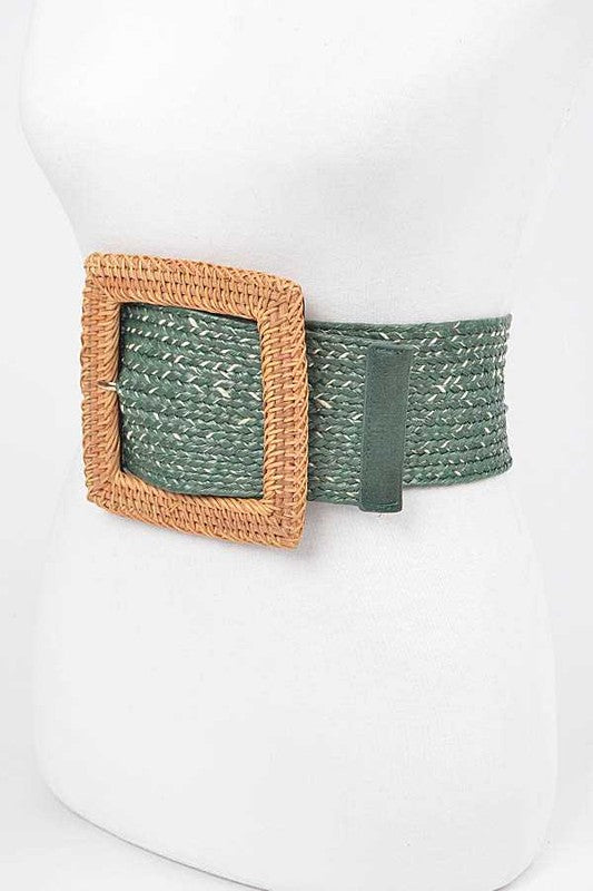 Bamboo Square Buckle Faux Straw Elastic Belt