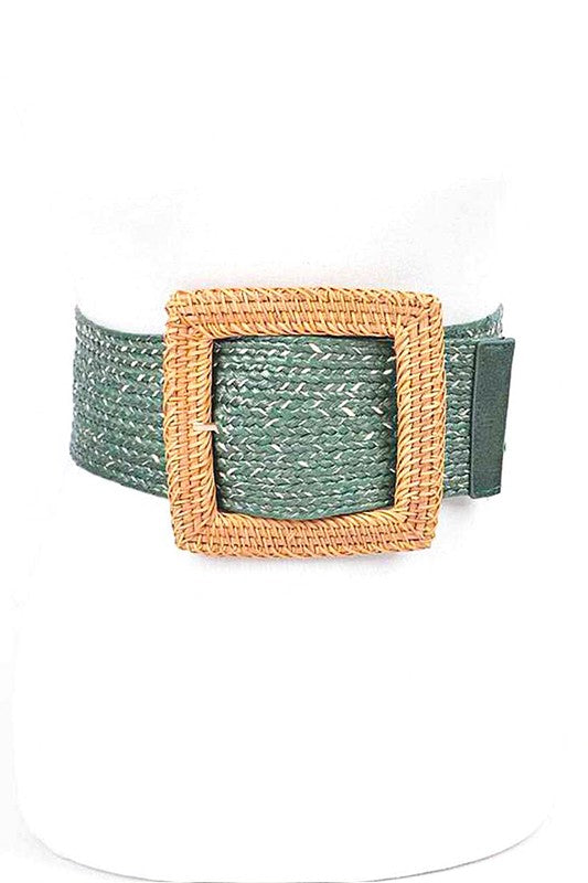 Bamboo Square Buckle Faux Straw Elastic Belt