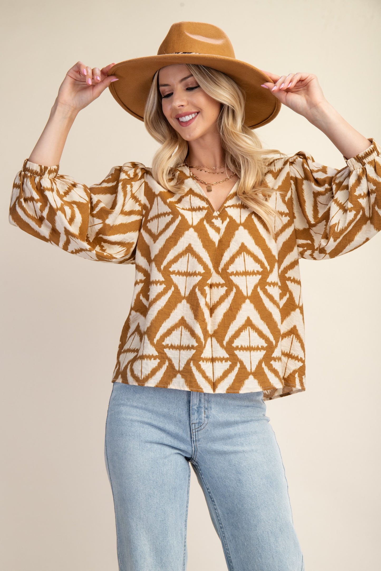 Bold Print V-neck Blouse with Voluminous Sleeves