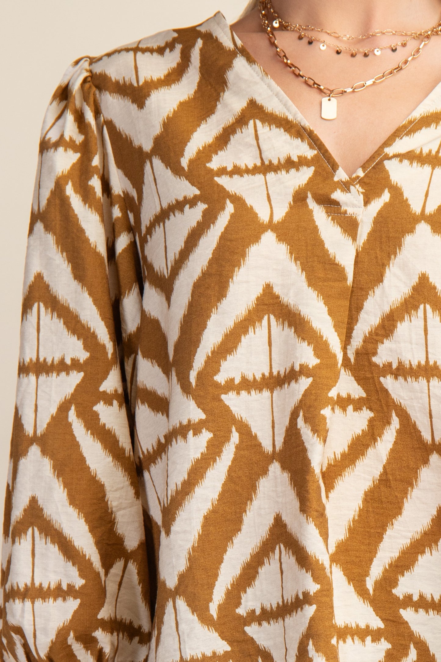 Bold Print V-neck Blouse with Voluminous Sleeves
