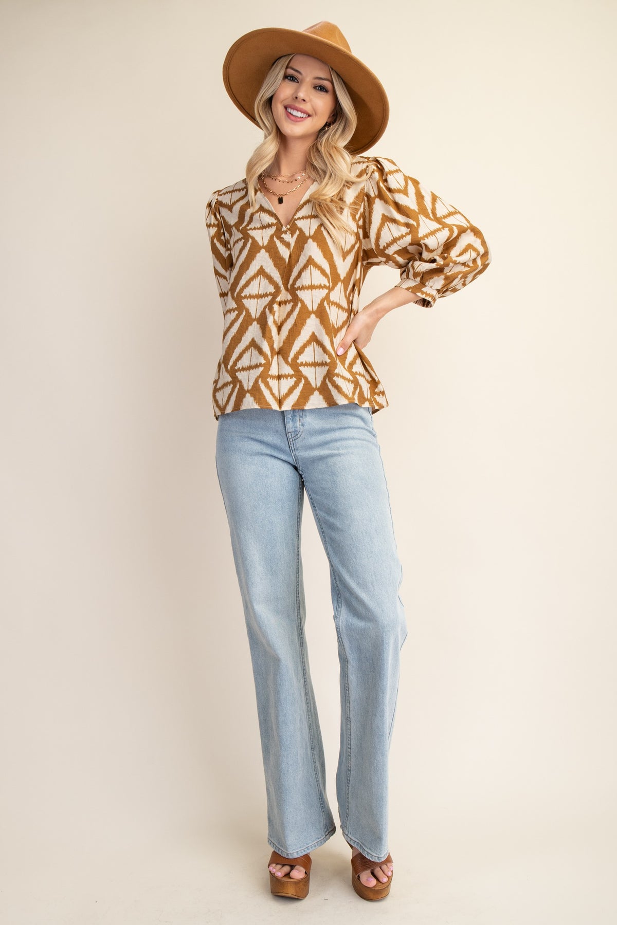 Bold Print V-neck Blouse with Voluminous Sleeves