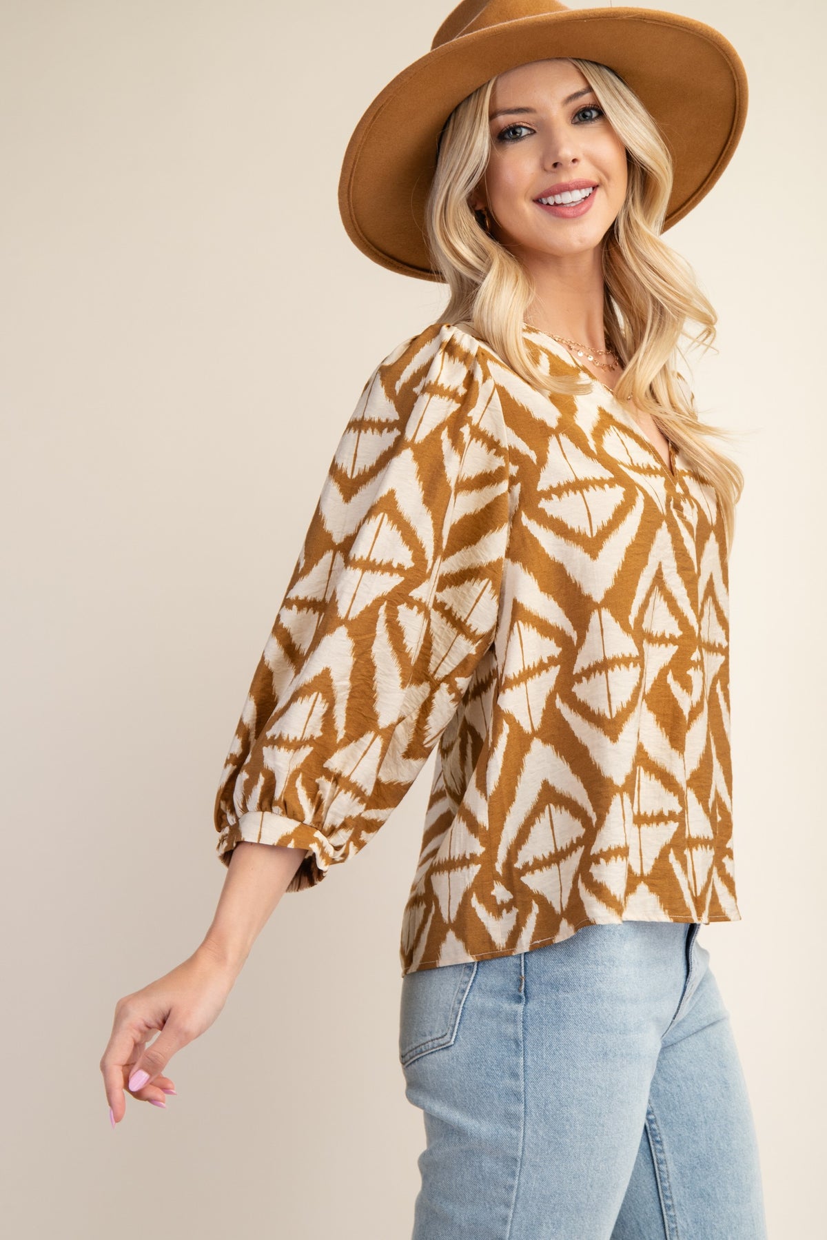 Bold Print V-neck Blouse with Voluminous Sleeves