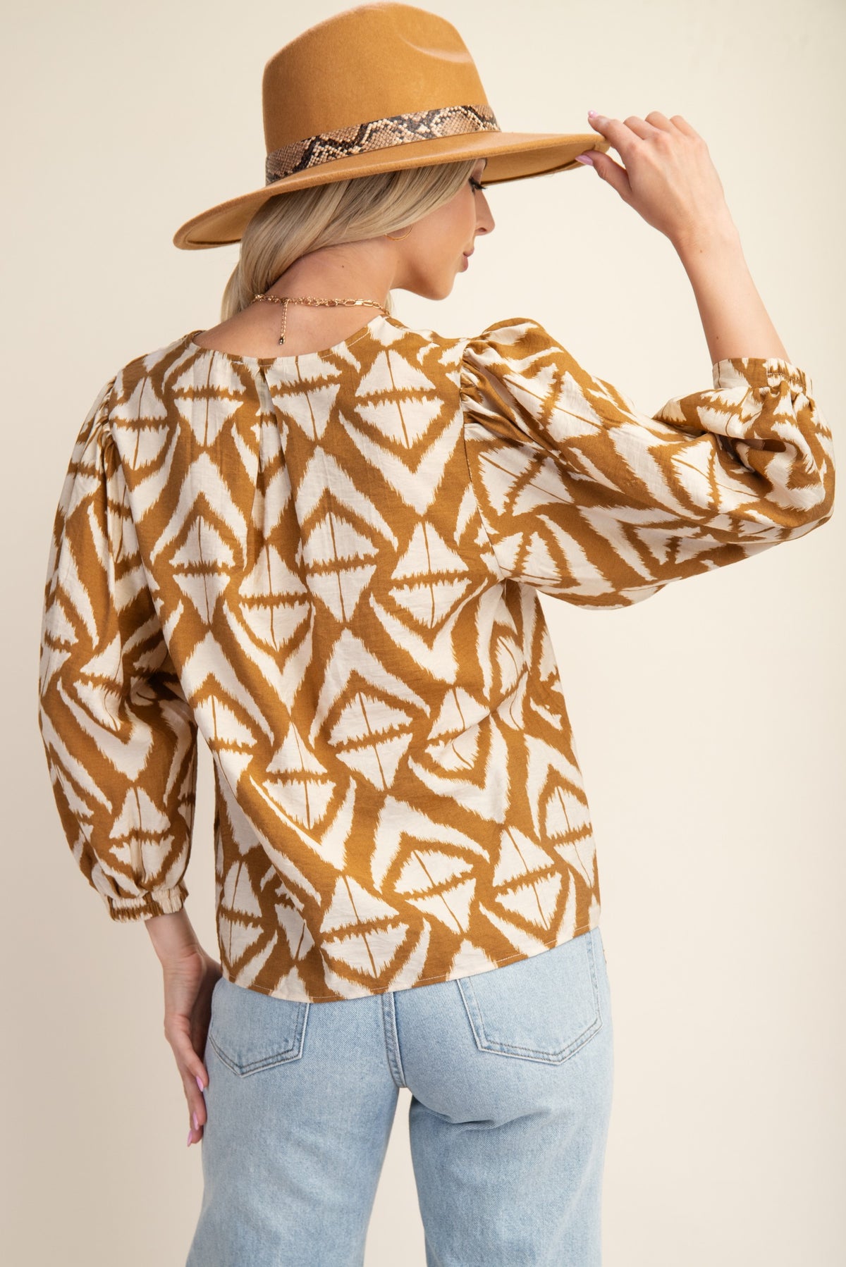 Bold Print V-neck Blouse with Voluminous Sleeves
