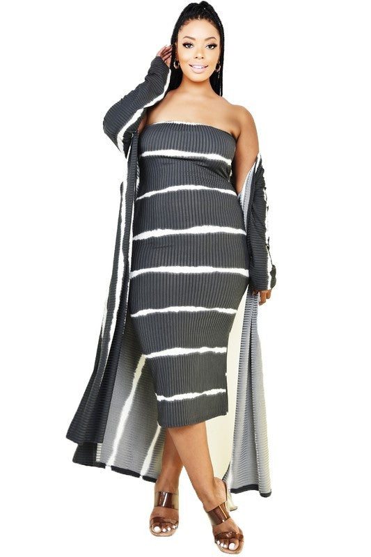 Plus Size Tie Dye Stirpe Long Cardigan Tube Dress Set