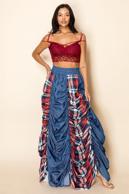 Plaid and Denim Maxi Skirt with Drawstrings